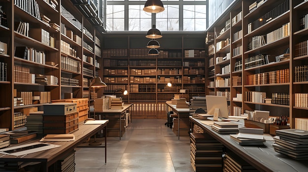 a room with a lot of books and a lamp on the ceiling