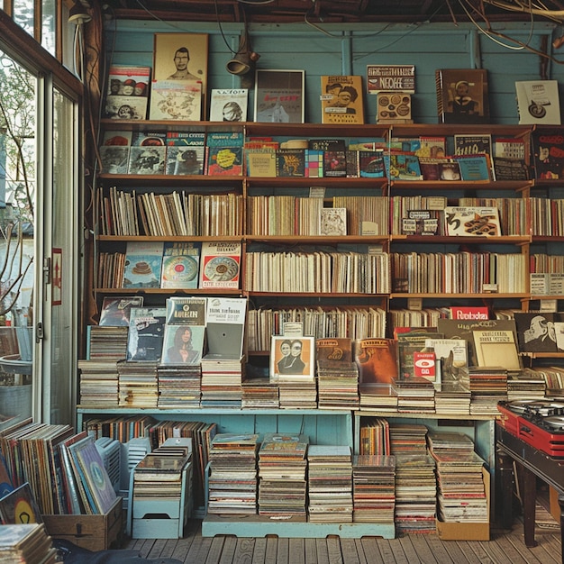 a room with a lot of books and a poster on the wall