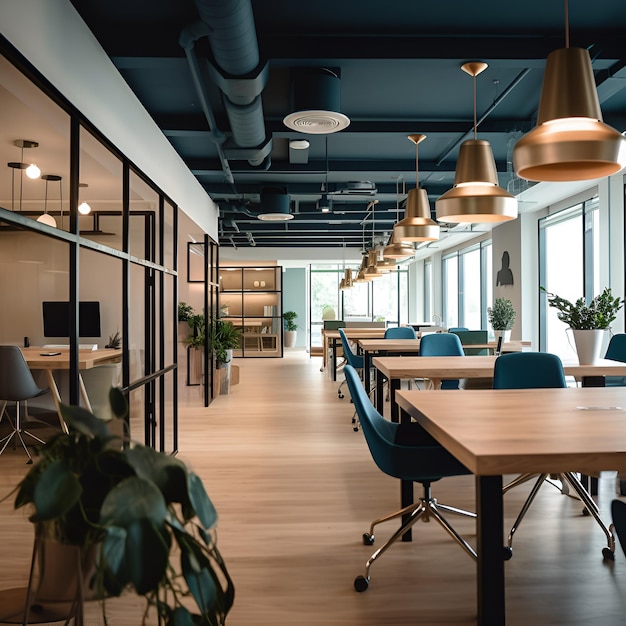 A room with a lot of desks and chairs and a large window with a plant in it.