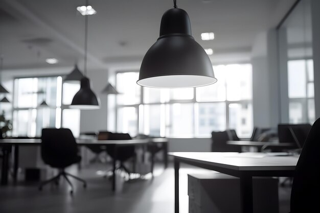 A room with a lot of desks and a lamp hanging from the ceiling.