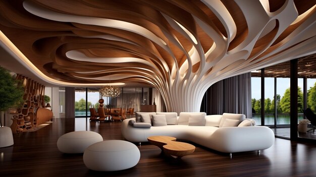 a room with a lot of furniture and a large wooden ceiling