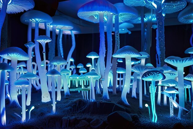 Photo a room with a lot of jellyfish and mushrooms