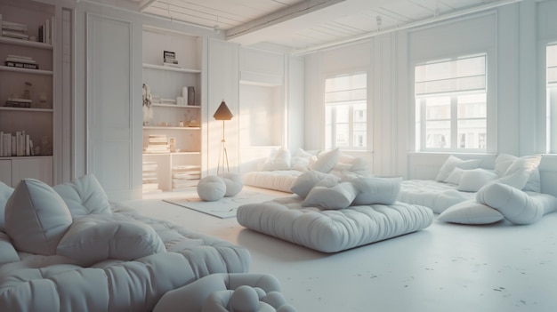 A room with a lot of pillows and a lamp on the wall