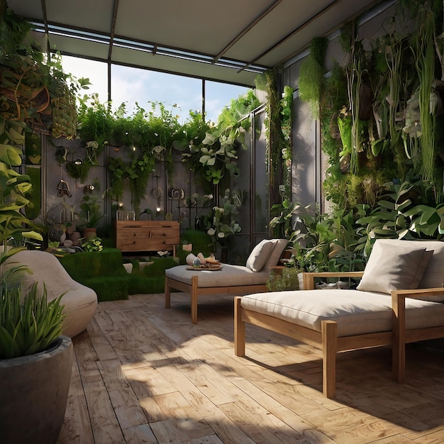 a room with a lot of plants and a large window with a view of the garden