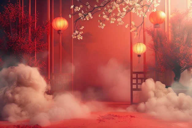 A room with a lot of smoke and lights on the ceiling and a red wall with lanterns on it unreal