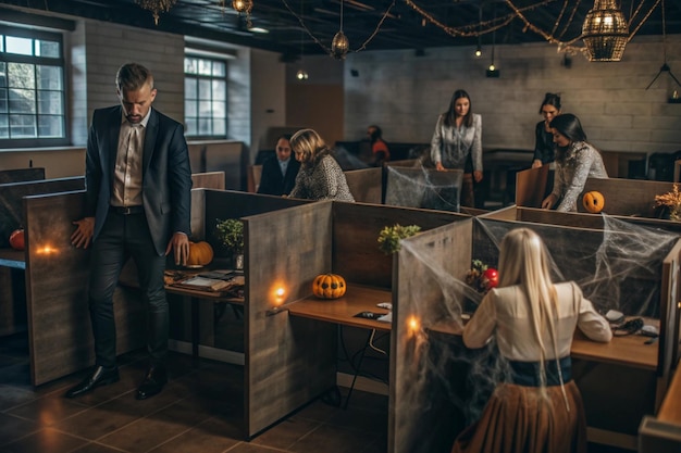 a room with a man and woman in a pumpkin patch and a man in a suit looking at the pumpkins