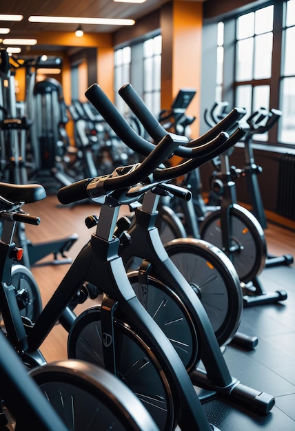 a room with many bicycles and a window with the words gym on the wall