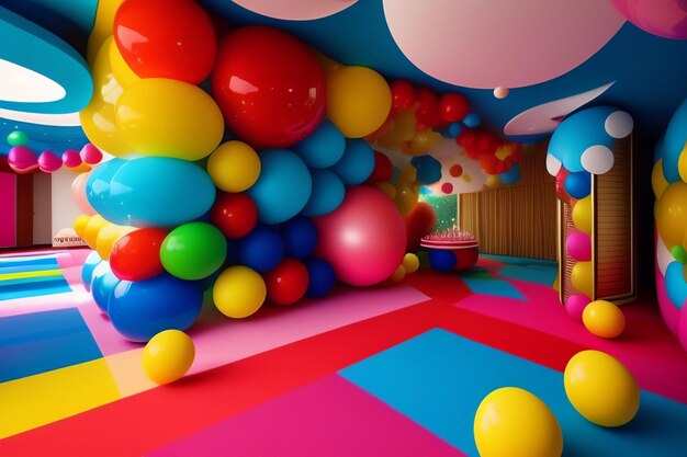 A room with many colorful balloons and a pink and blue floor.