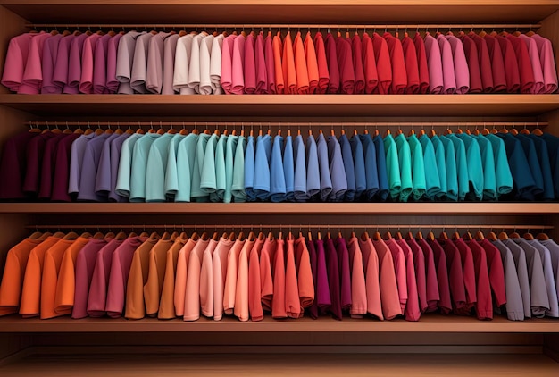 a room with many shirts on shelves in the style of vibrant colorscape