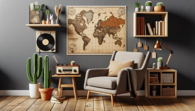 a room with a map of the world and a map of the world