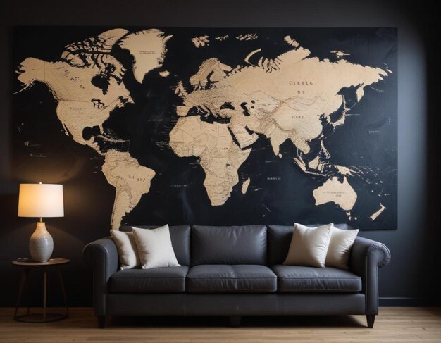 a room with a map of the world on the wall and a couch with a world map on the wall