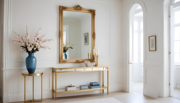 a room with a mirror a vase and a vase of flowers on a shelf