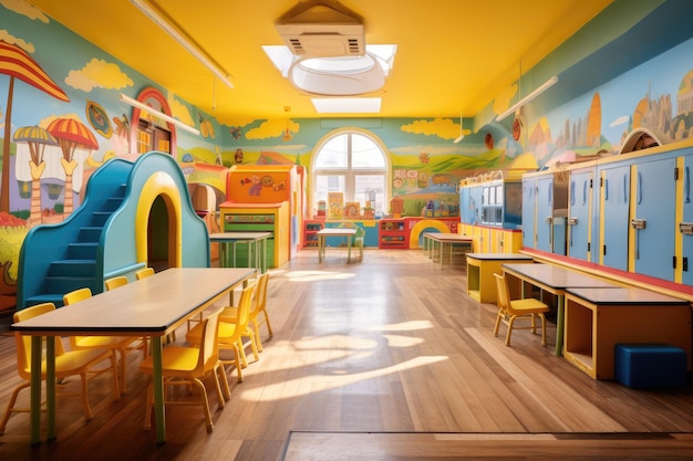 A Room With Multiple Tables and Chairs for Group Gatherings and Events A vibrant kindergarten classroom full of enthusiastic children AI Generated