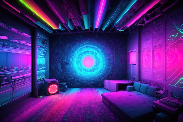 A room with a neon light that is on the wall