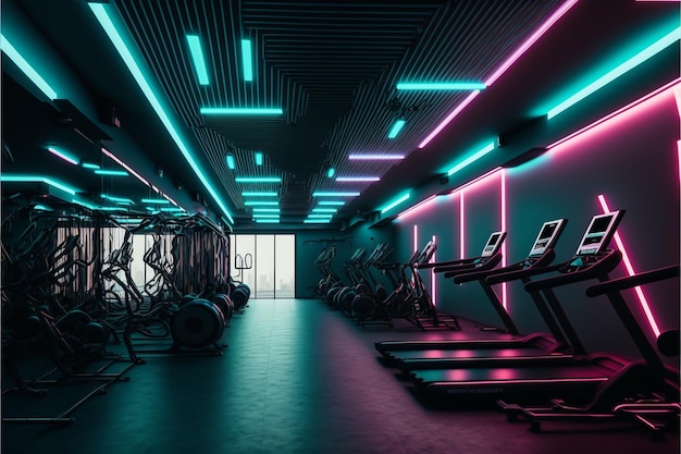 a room with a neon lights and a gym with the words " gym " on the wall.