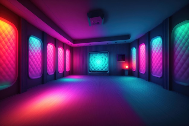 A room with neon lights and a pink and blue light.