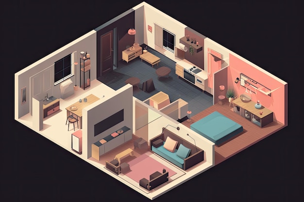 Photo room with open floor plan featuring isometric and axonometric layouts created with generative ai