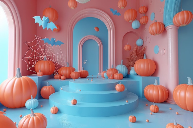 A room with orange and blue decorations and a spider web design