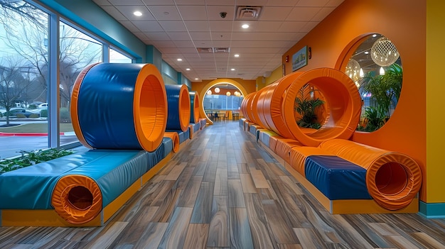 a room with orange and blue tubes and a window with a sign that says  jungle