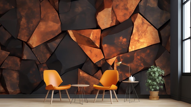 a room with orange chairs and a black and orange wall