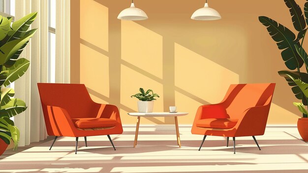 a room with orange chairs and a coffee table