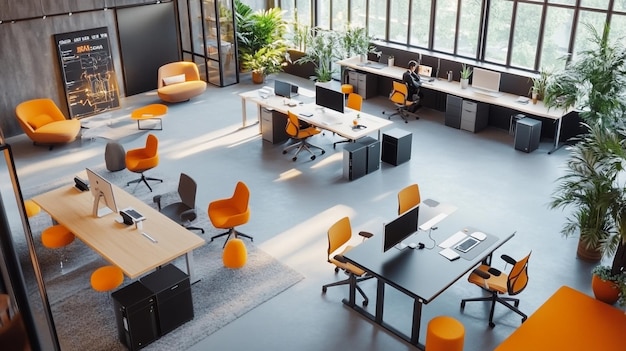 Photo a room with orange chairs and a laptop on the table