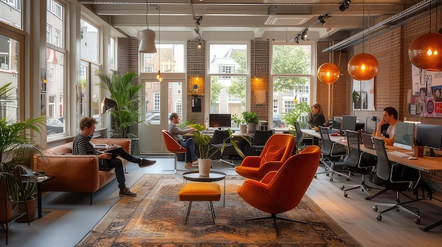 Photo a room with orange chairs and a man sitting in a chair