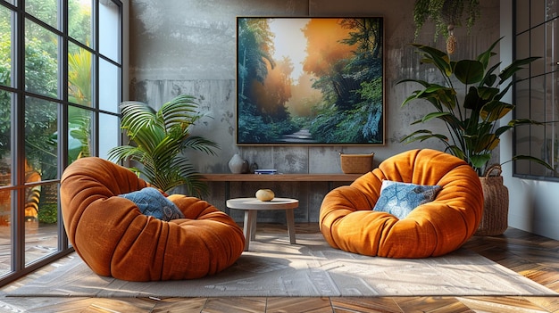 a room with orange chairs and a painting of a sunset on the wall