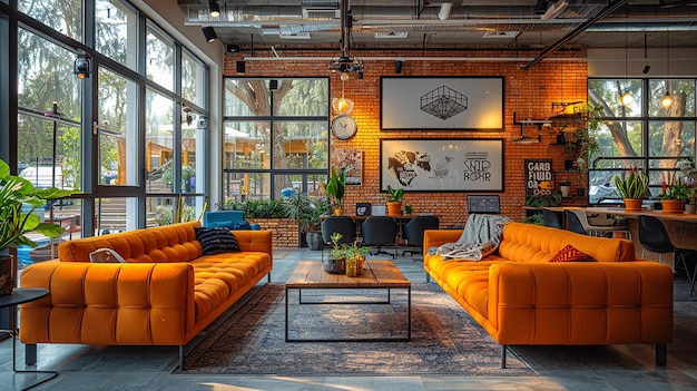 a room with orange couches and a coffee table with a clock on the wall