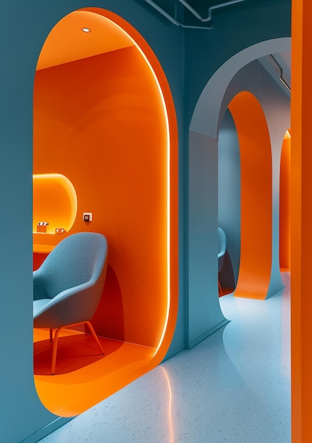 Photo a room with orange walls and a chair with a blue chair in it