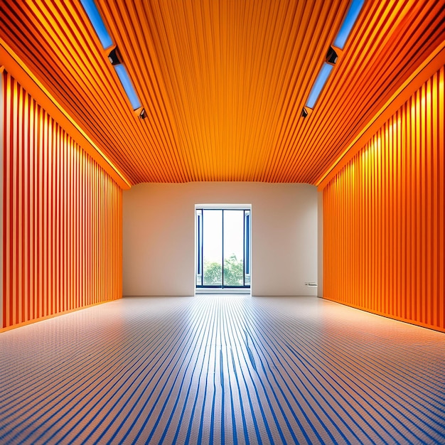 a room with orange walls and a window that has a window that says the word on it