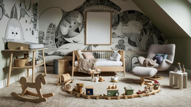 Photo a room with a painting of a childs toys and a mirror