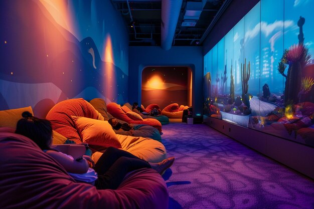 a room with a painting of a fish tank and a person sleeping in it