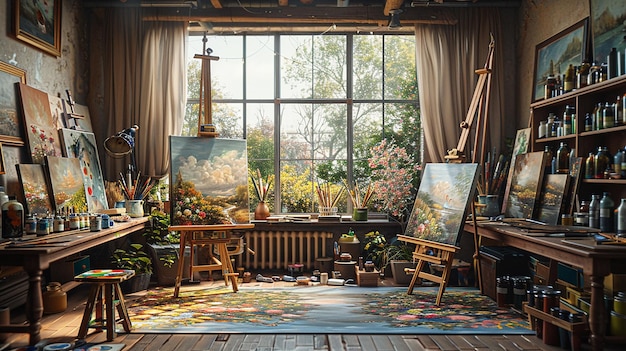 Photo a room with a painting of flowers and a cross on the wall