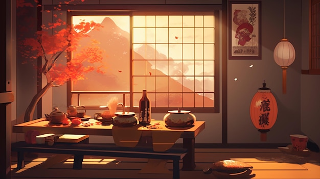 A room with a painting of a mountain and a house with a japanese flag on the wall.