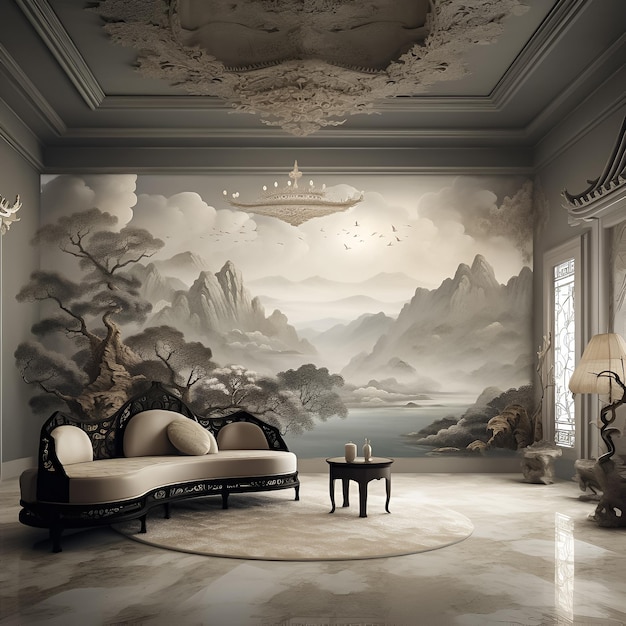 a room with a painting of mountains and a lake