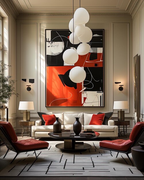 a room with a painting of a red and white balloons and a red and black and white picture