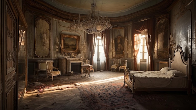 A room with a painting of a room with a bed and a chandelier.