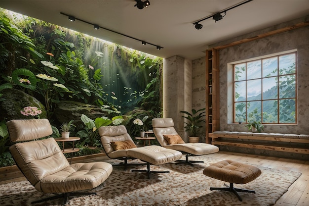 a room with a painting of a tropical forest and a large painting of tropical plants