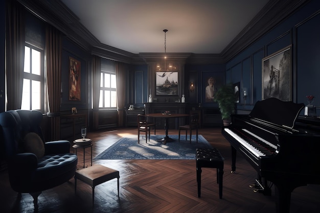 A room with a piano and a painting on the wall