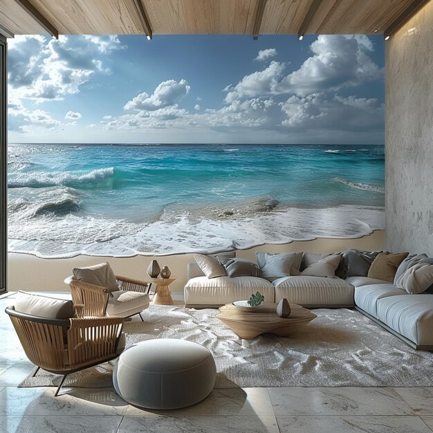 Photo a room with a picture of a beach scene and ocean