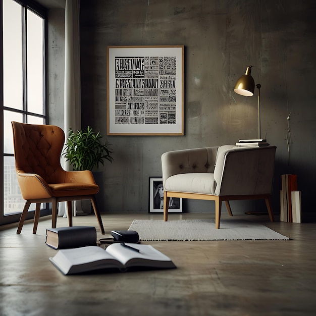 a room with a picture of a chair and a book on the wall