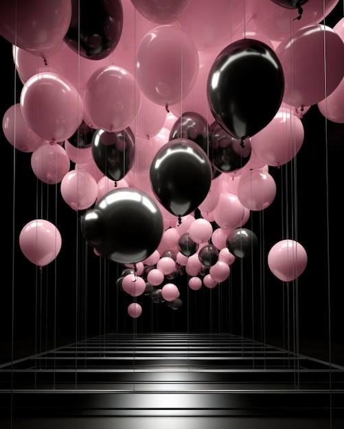 A room with pink and black balloons and a black background.