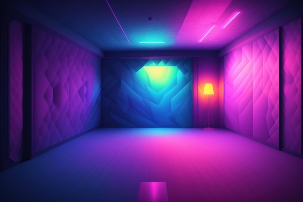 A room with a pink and blue light on the wall.