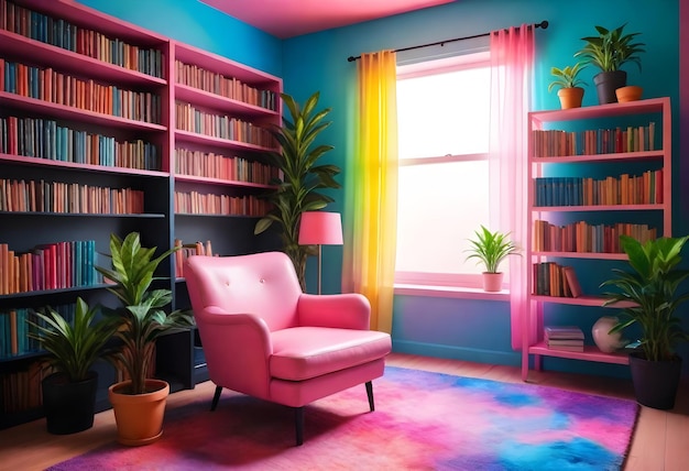 a room with a pink chair and a plant on the shelf