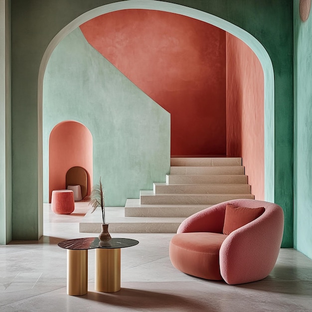 Photo a room with a pink chair and a table with a vase on it