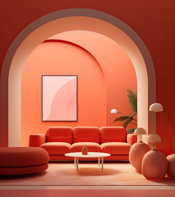 a room with a pink couch and a painting of a palm tree