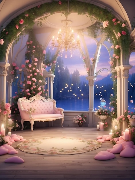 Photo a room with a pink couch and a pink couch with a pink rose on the top