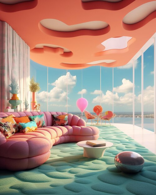 a room with a pink couch and a pink wall with a pink wall with a pink cloud above it