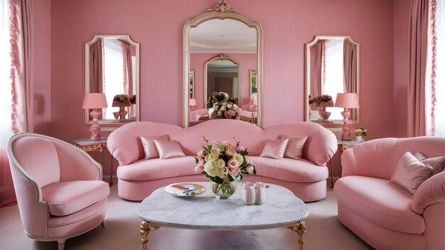 Photo a room with pink couches and a coffee table with a vase of flowers on it